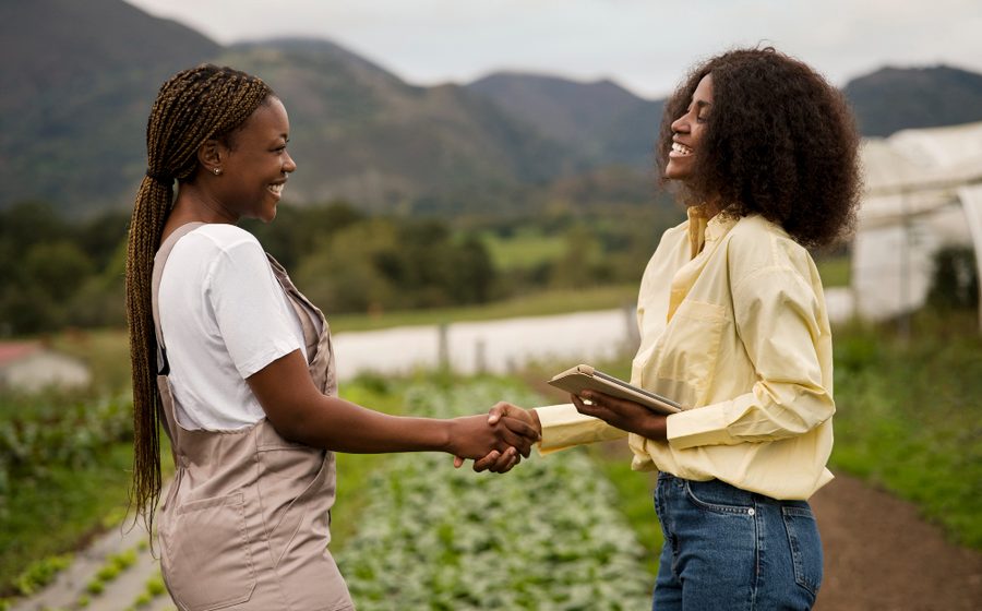 Consultante et agricultrice se serrant la main